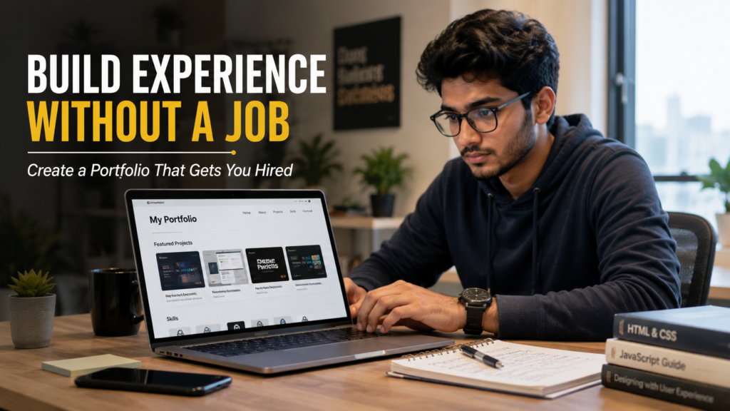 Young Indian fresher building a professional portfolio on a laptop to gain experience without a job and improve career opportunities.
