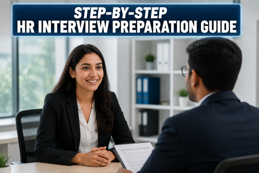 Professional HR interview scene with candidate and recruiter discussing career opportunities, HR Interview Tips, internship training in Indore, digital marketing course in Indore, and placement-focused career development.