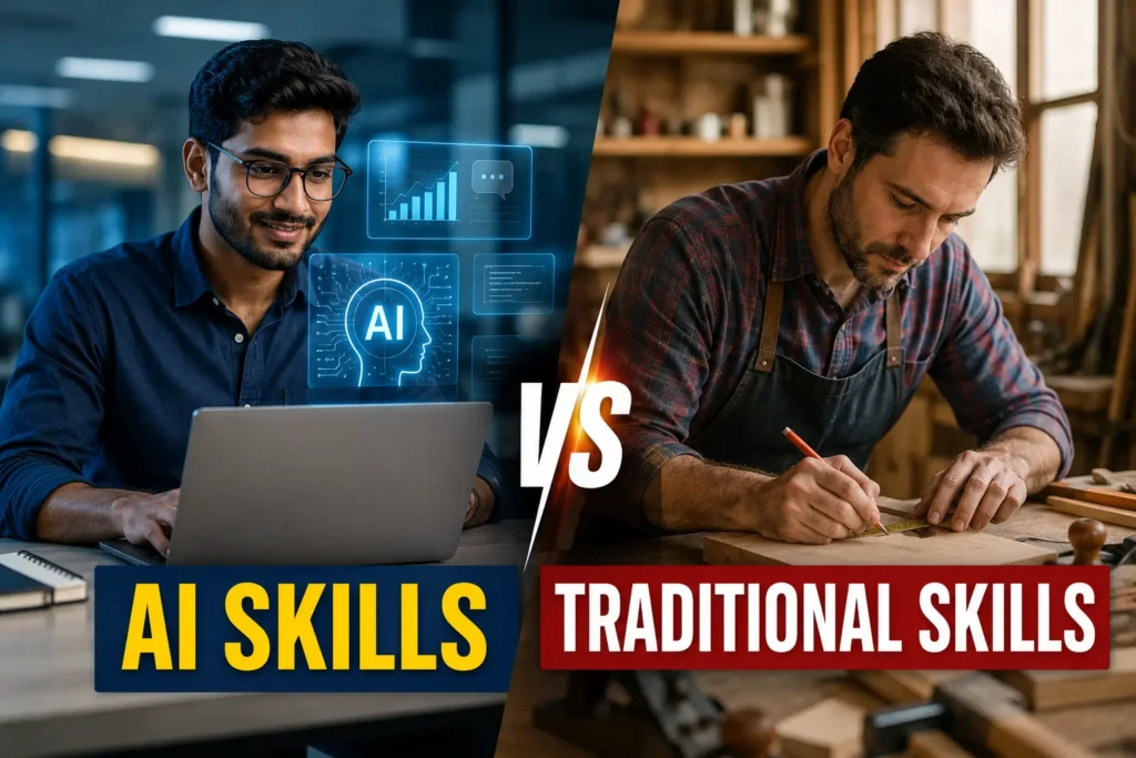 Comparison between AI Skills and traditional skills showing how modern technology is transforming career opportunities and job growth.