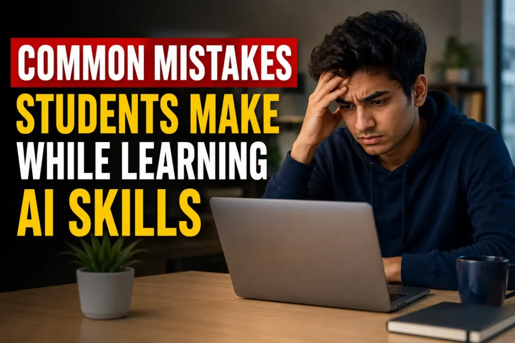 Concerned student learning AI Skills on a laptop, highlighting common mistakes that slow career growth and job readiness.