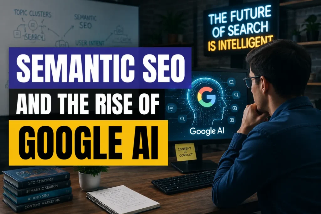 Semantic SEO and Google AI strategy visual featuring a digital marketer analyzing search intent, content clusters, and AI-driven ranking signals for career-focused websites.