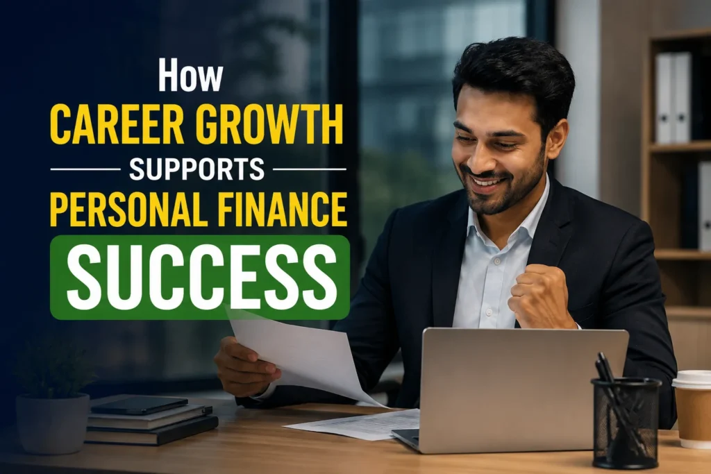 Personal Finance career growth concept showing a young professional managing wealth, financial planning, money management, and career success in Indore.