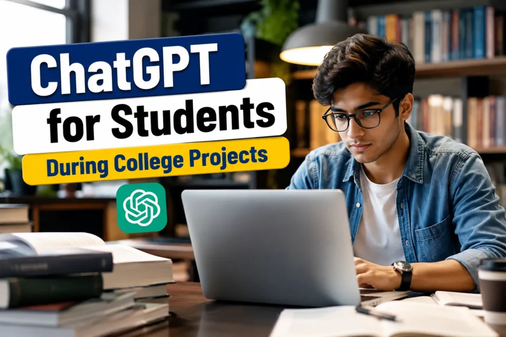 Student using ChatGPT for Students during a college project at the best skill development institute in Indore, preparing through digital marketing training near me and an internship with certificate in Indore.