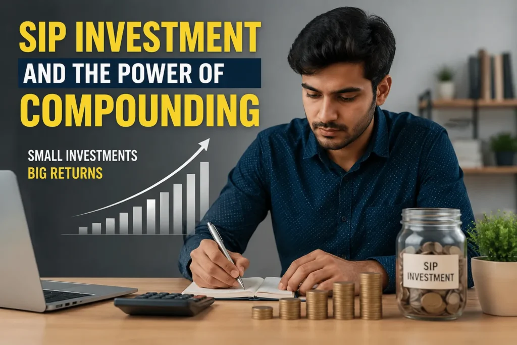 SIP Investment and the Power of Compounding explained with a young investor planning wealth creation through mutual fund investments and long-term financial growth.