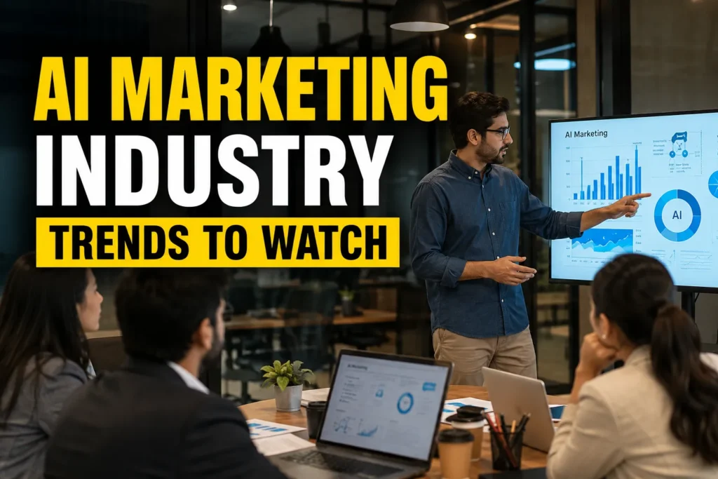 AI Marketing industry trends in 2026 showcasing professionals using AI-powered marketing tools, automation, analytics, and digital marketing strategies for career growth.
