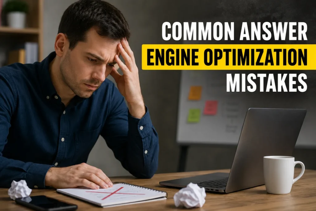 Professional digital marketer analyzing Answer Engine Optimization (AEO) mistakes while learning through digital marketing training near me, internship training in Indore, and job oriented courses in Indore.