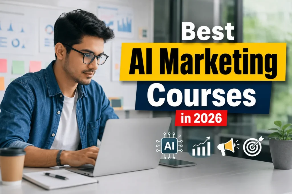 Student learning AI Marketing on a laptop with highlighted AI marketing courses, certifications, internships, digital marketing training, and career opportunities in 2026.
