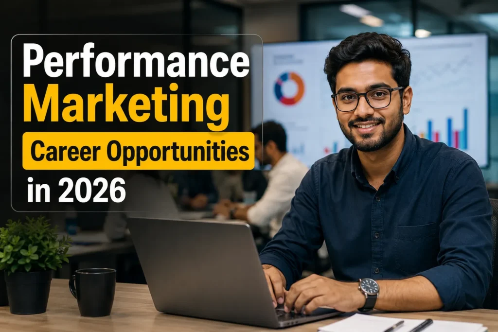 Performance Marketing career opportunities in 2026 with a digital marketer analyzing campaign data, ROI dashboards, and online advertising growth trends.