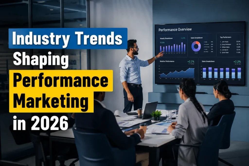 Performance Marketing trends in 2026 with digital marketers analyzing campaign data, AI-driven advertising strategies, and career opportunities in digital marketing.