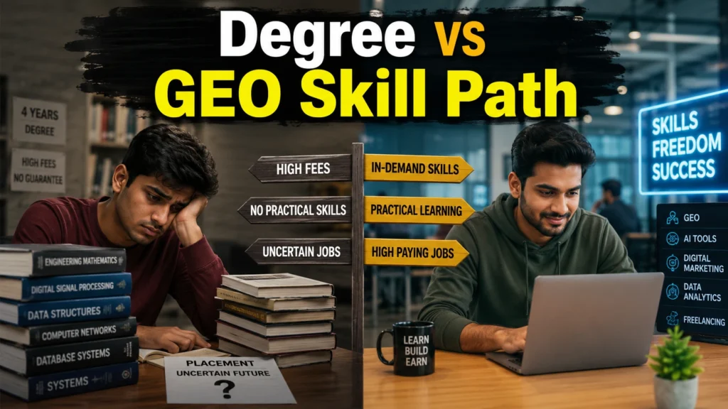 Degree vs GEO Skill Path comparison showing a student choosing between a traditional degree and future-ready GEO skills, internships, digital marketing training, and job-oriented courses in Indore.