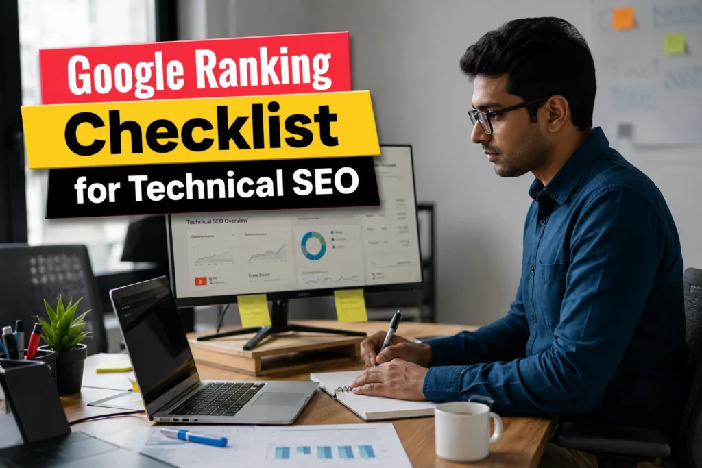 Professional SEO specialist reviewing a Google Ranking Checklist for technical SEO with ranking analytics, website optimization dashboard, and search engine growth strategies.