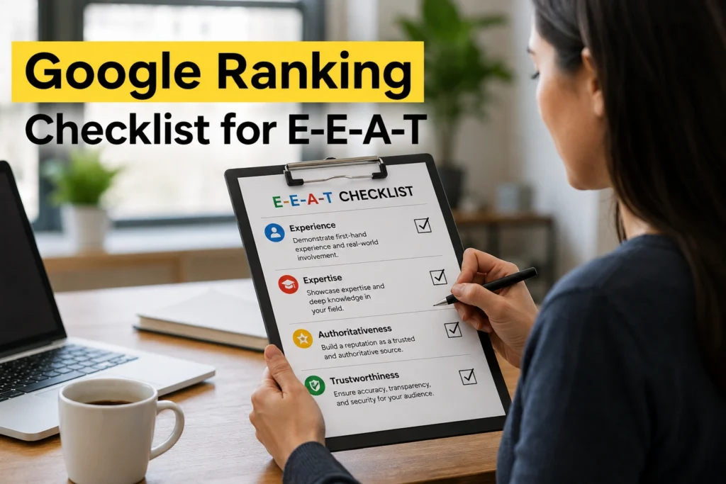 Google Ranking Checklist for E-E-A-T with SEO expert analyzing website authority, trustworthiness, experience, and expertise to improve Google search rankings and organic traffic.