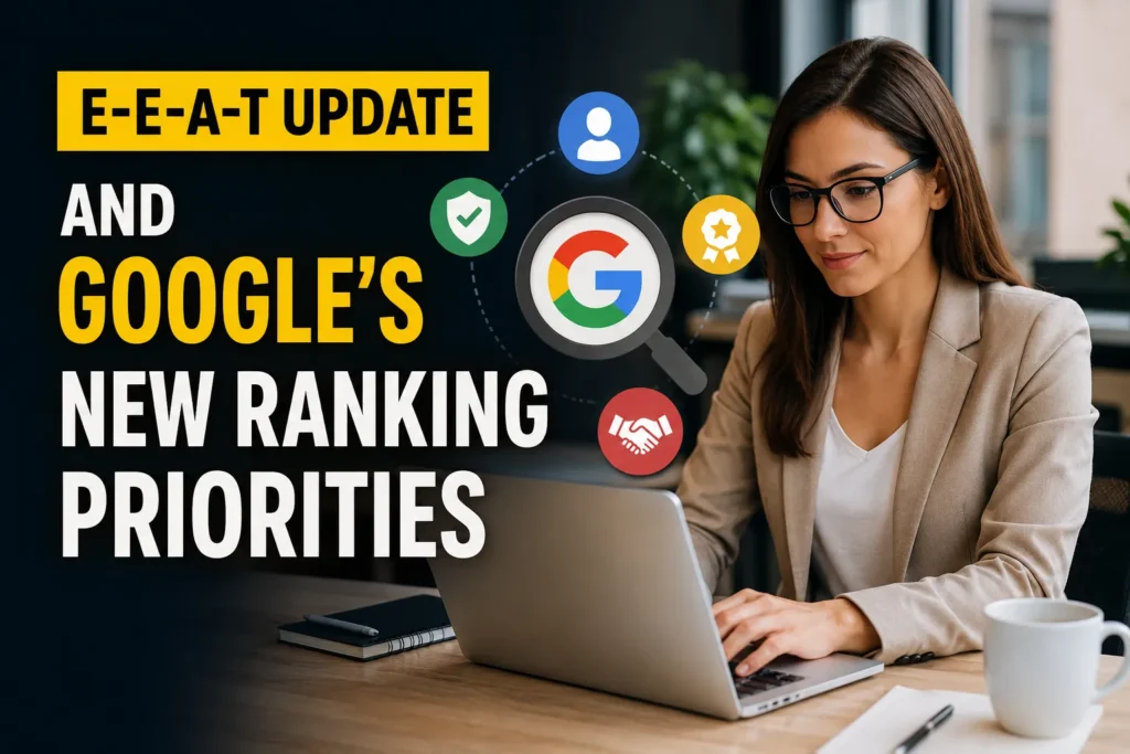 E-E-A-T Update infographic showing Google’s new ranking priorities, content quality standards, SEO strategy, and expert-led digital marketing training insights.