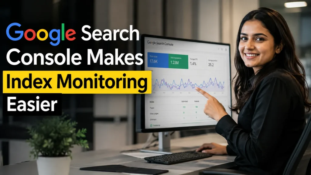 Realistic professional using Google Search Console to monitor website indexing and SEO performance after the latest 2026 update.