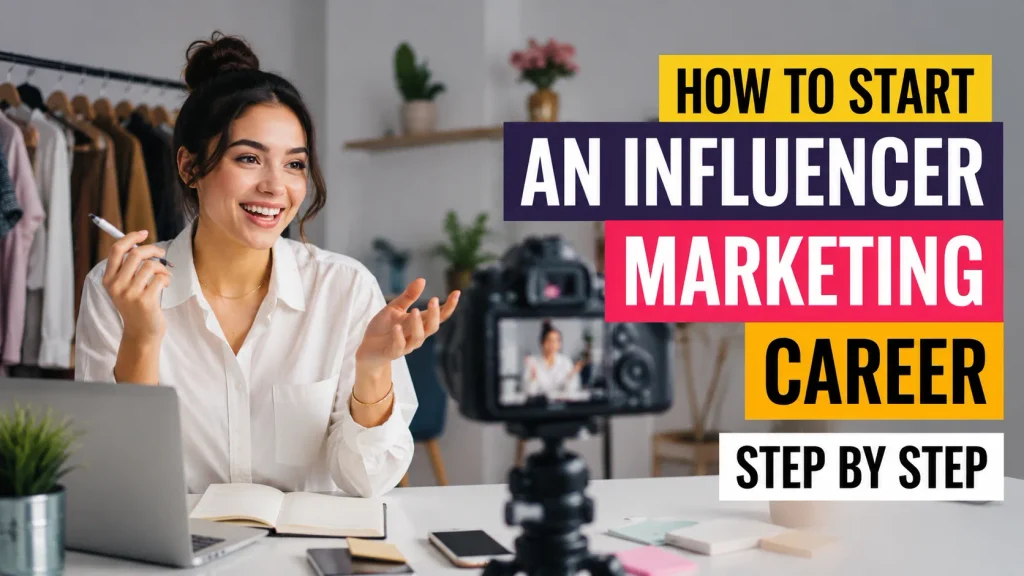 Young professional learning Influencer Marketing with a camera, laptop, and content creation setup