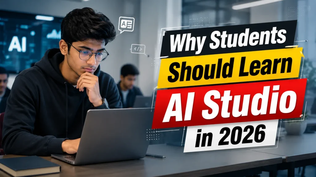 Student learning AI Studio on a laptop in a modern classroom, showcasing why AI Studio is essential for future-ready careers and practical AI skills.
