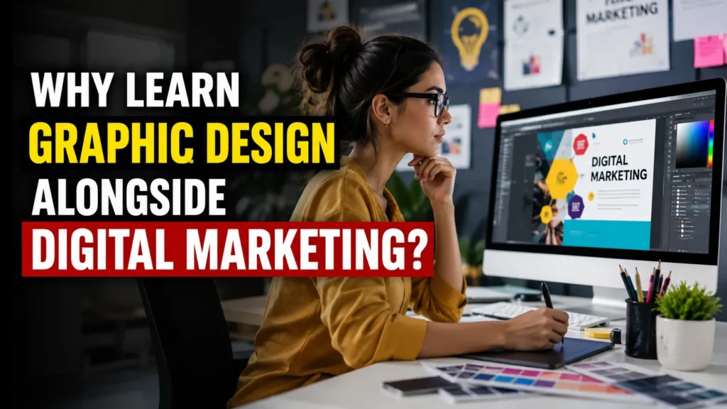 Student learning a Graphic Design Course alongside digital marketing on a professional workstation to build creative and job-ready skills.