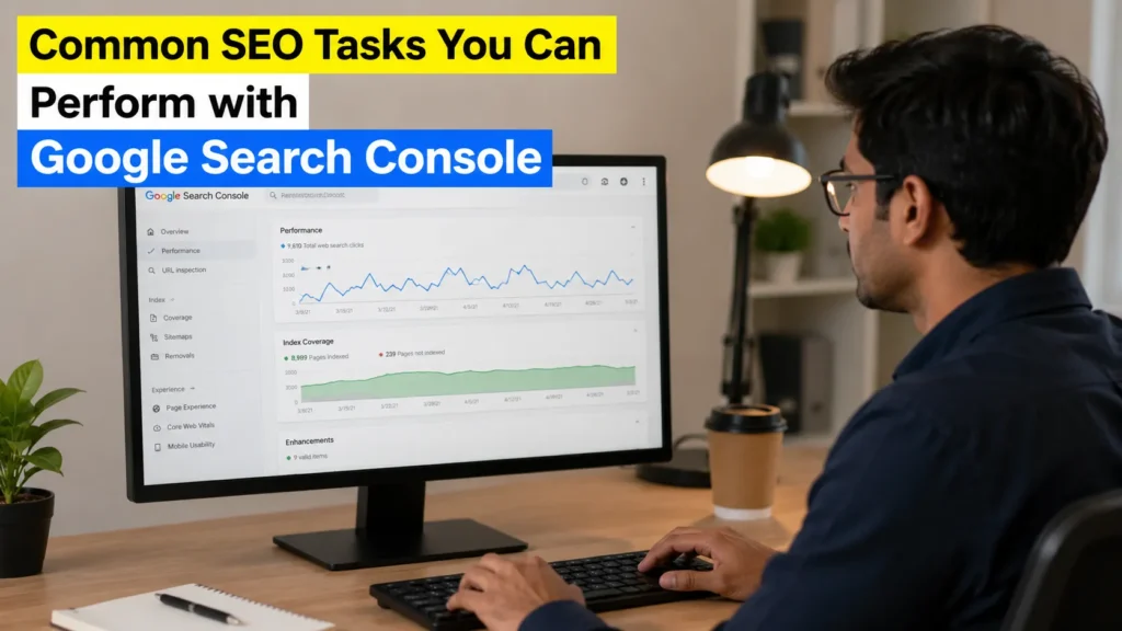 A digital marketer analyzing website performance using Google Search Console on a desktop to improve SEO, keyword rankings, indexing, and organic traffic.