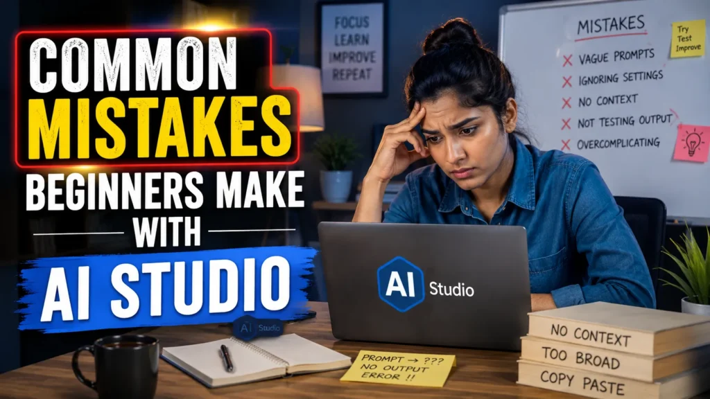 Realistic beginner learning AI Studio on a laptop while avoiding common mistakes during practical AI development and hands-on training.
