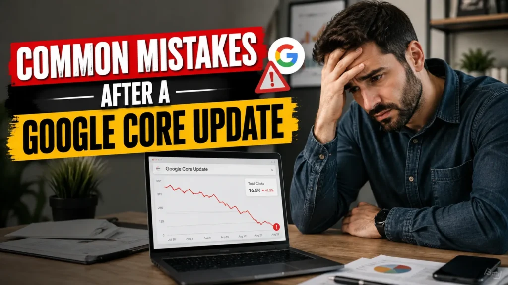 Worried SEO professional reviewing a traffic drop after a Google Core Update on a laptop.