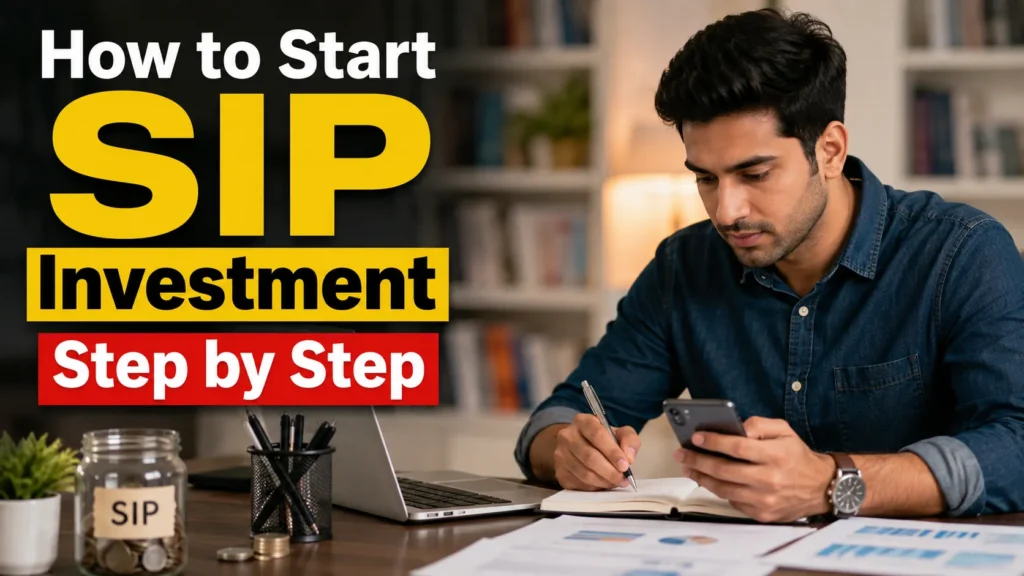 SIP Investment step by step guide showing a young investor planning mutual fund investments using a smartphone, laptop, and financial notes.