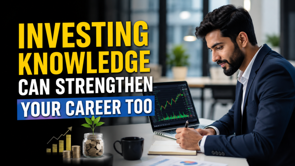 Investing for Beginners with a professional in an office analyzing stock market charts, highlighting financial knowledge and career growth opportunities.