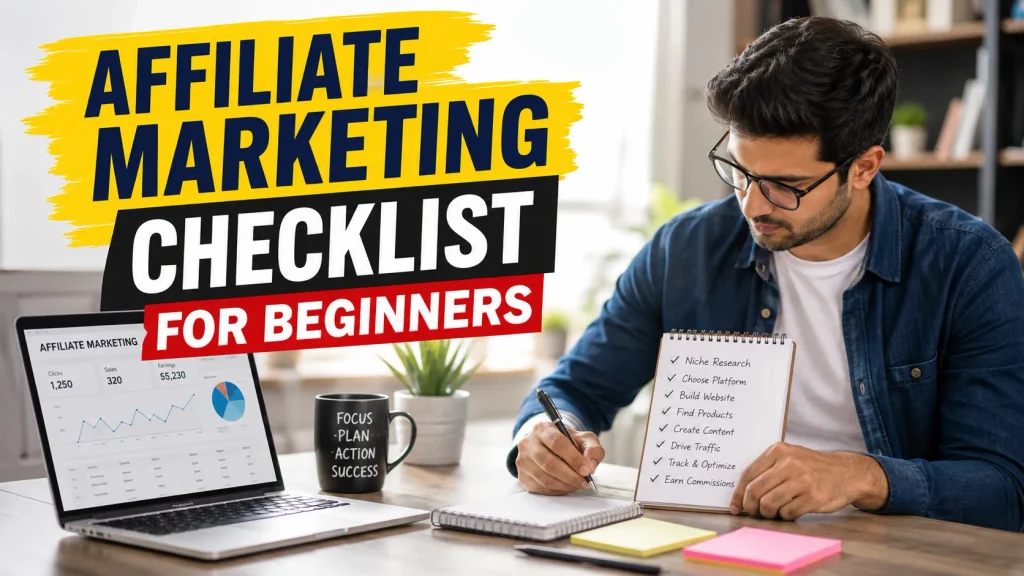 Affiliate Marketing checklist for beginners learning digital marketing, niche research, content creation, traffic growth, and online earning skills.