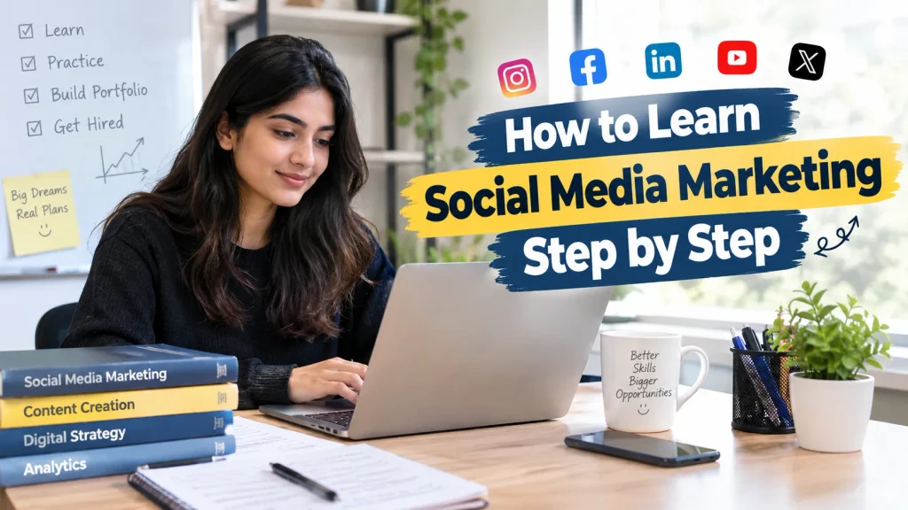 Realistic student learning Social Media Marketing with laptop, content strategy, social media platforms, and career planning.