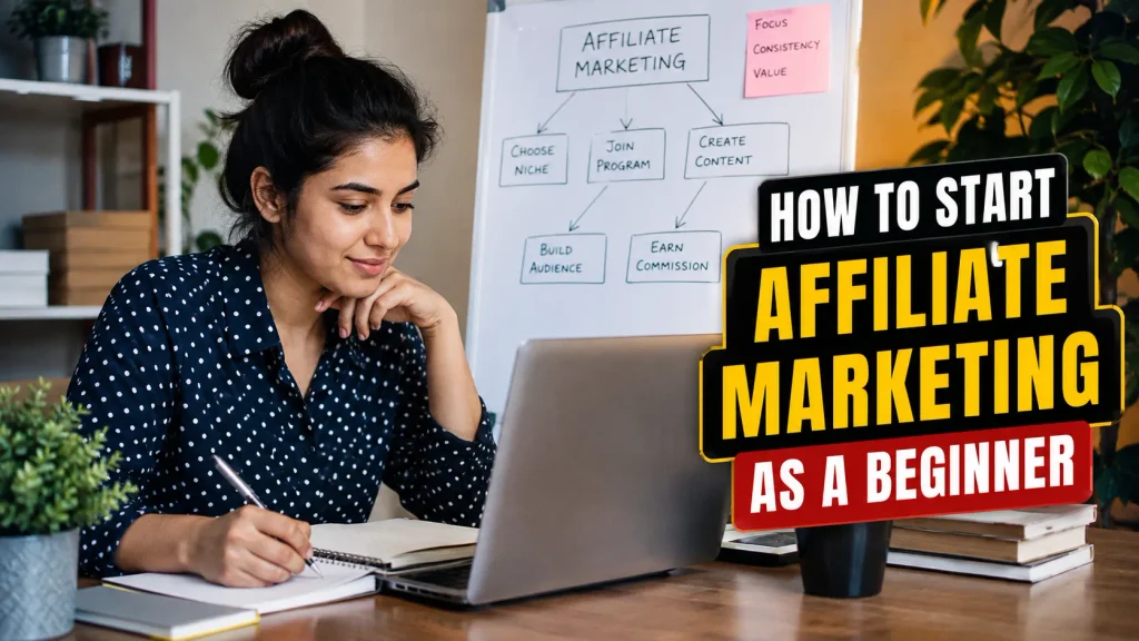 A beginner learning Affiliate Marketing on a laptop while exploring digital marketing course in indore, internships, and online earning opportunities.