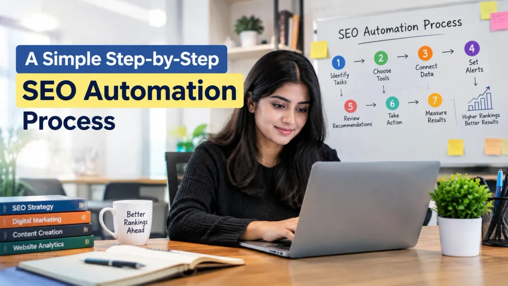 SEO Automation process with a student learning digital marketing and improving website rankings through practical SEO training.