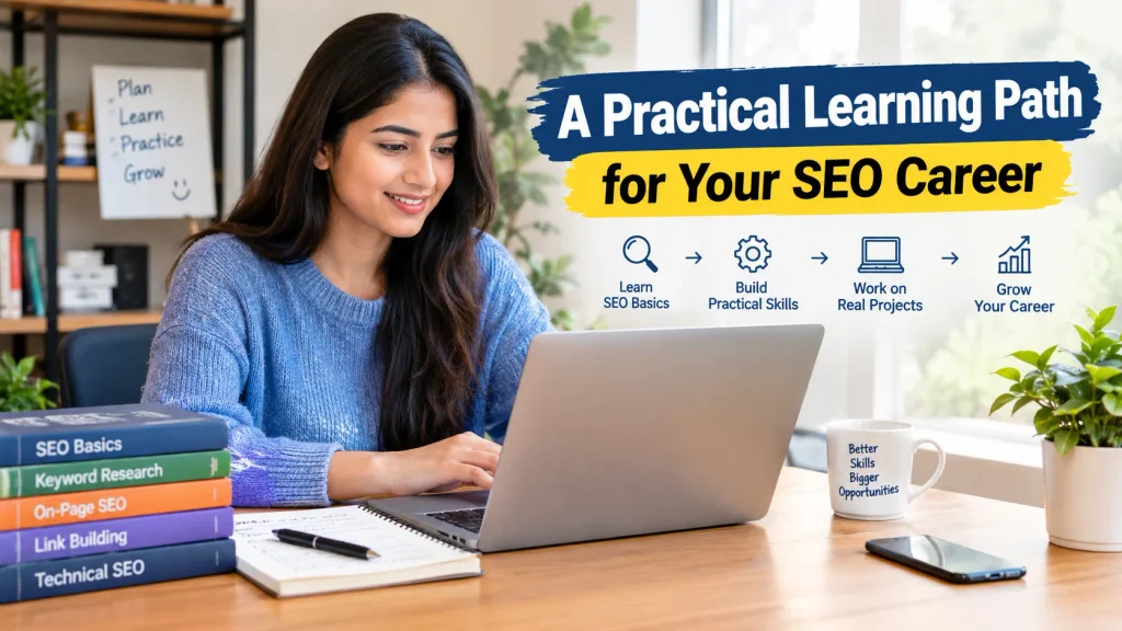 Search Engine Optimization career learning path with a student developing SEO and digital marketing skills through practical training and internships.